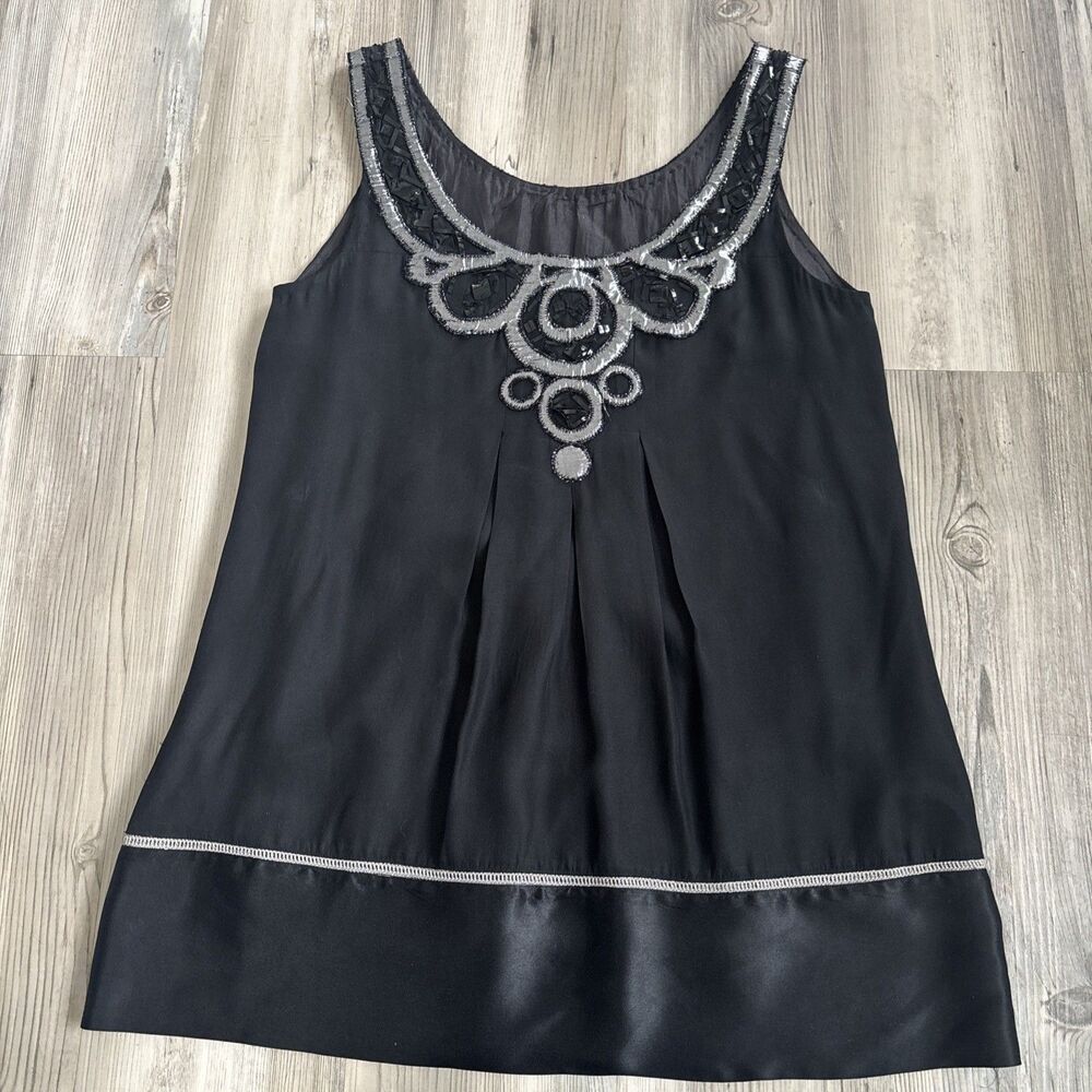 Yoana Baraschi Black Silver 100% Silk Embellished Collar Tank Top Blouse Size M